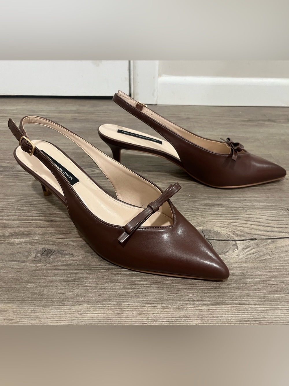 NWOT Size 9 (40) French Connection Chocolate Brown Slingback Heels with Bow